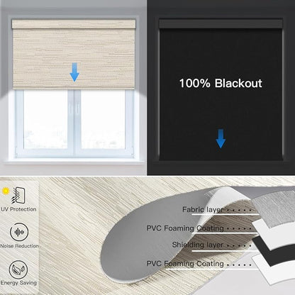 Tokblind Motorized Blackout Roller Shade Fabric Covered Valance and Bottom Rod, Remote Control Electric Window Blind Work with Alexa Google via Hub, Custom Size (Texture Light Coffee - Wrapped Fabric)