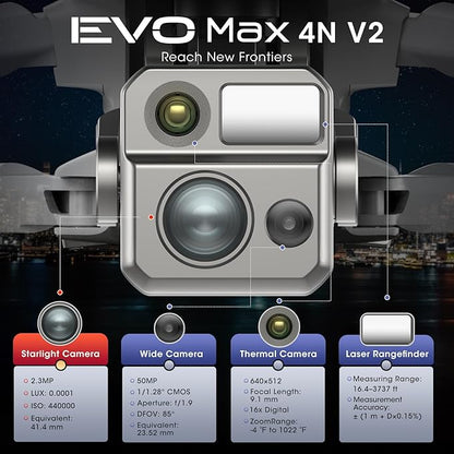 Autel Robotics EVO MAX 4N V2, Starlight Night-Vision/ Wide/ Thermal/ L~aser 4 Cameras in One UAV, Upgrade of MAX 4T V2/ 4N, 5KM Night Vision Observation, A-Mesh 1.0, 720° Obstacle Avoidance, Triple Anti-Jamming, Hot-Swappable, 42 Mins, IP43, Autel SDK