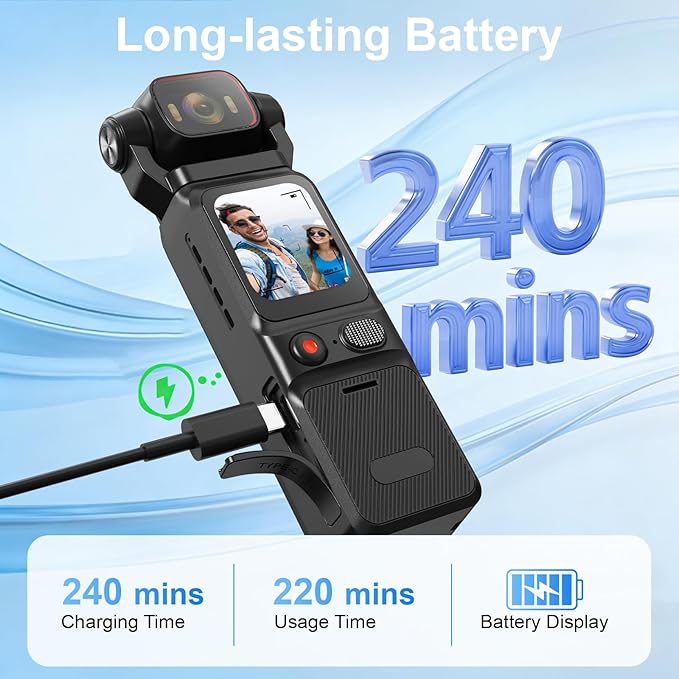 4K Vlogging Camera, Action Camera with Image Stabilization, Pocket Body Cam with APP Control, Handheld POV Cameras for Outdoor Sport, Travel(64GB Card)