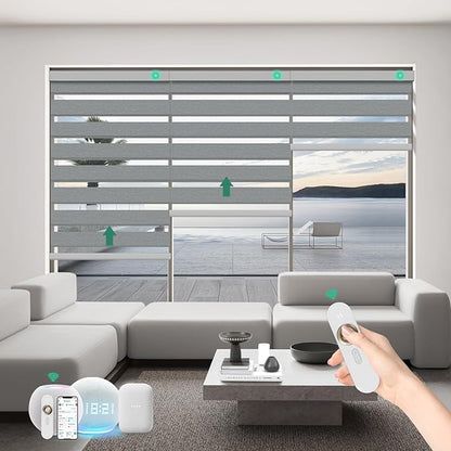 Motorized Zebra Blinds with Remote, Work with HomeKit Alexa Automatic Electric Window Shades 95% Blackout Light Filtering for Smart Home and Office, Customized Size Modern Silver