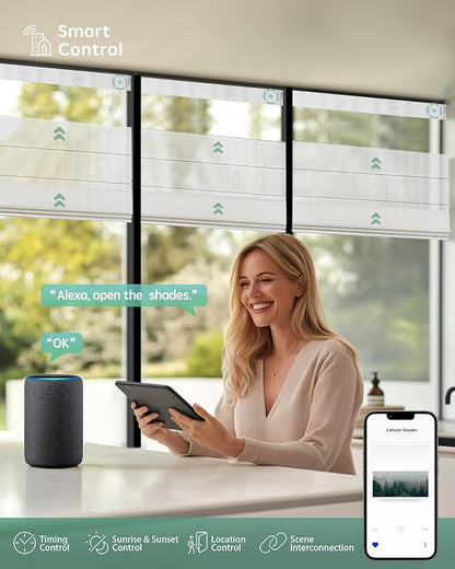 Yoolax Smart Top Down Bottom Up Roman Shades, Motorized Roman Shades with Remote, Smart Blinds Compatible with Alexa Google for Living Room Office, Customized, Semi Sheer Strip White