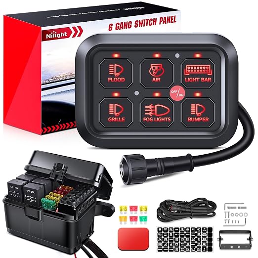 Nilight 6 Gang Switch Panel Relay System Automatic Dimmable | Universal Circuit Control with Fuse Wiring Harness ON-Off Red Backlit LED Pod for Cars Trucks Boats ATV UTV SUV
