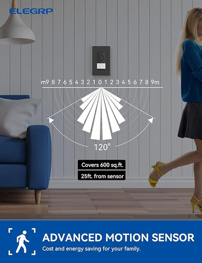 ELEGRP Smart Motion Sensor Switch, 2.4GHz Wi-Fi 3 Way Light Switch Compatible with Alexa & Google Assistant, APP Remote Control, Neutral Wire Required, UL Certified, No Hub Required (Black, 1 Pack)