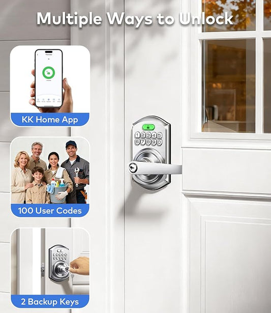 TEEHO TE019 Smart Keypad Door Lock with Handle, App Control, Keyless Entry Electronic Lock, Remote One-Time Codes, Auto Lock, Passage Mode, for Bedroom, Interior Door & Rental, Satin Nickel