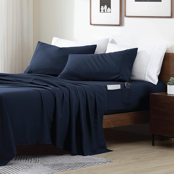 Swift Home Smart Sheets, Ultra Soft Brushed Microfiber 4-Piece Sheet Set, Fitted Bed Sheet with Side Storage Pockets – Navy, Full