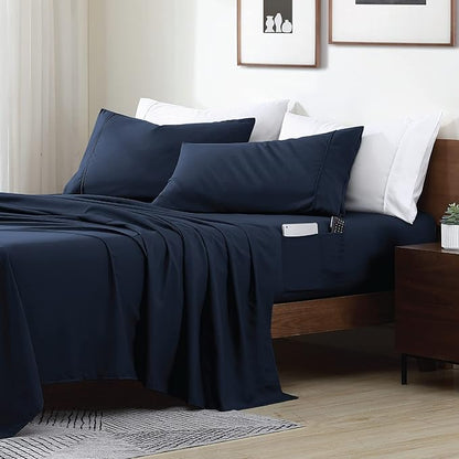 Swift Home Smart Sheets, Ultra Soft Brushed Microfiber 3-Piece Sheet Set, Fitted Bed Sheet with Side Storage Pockets – Navy, Twin XL