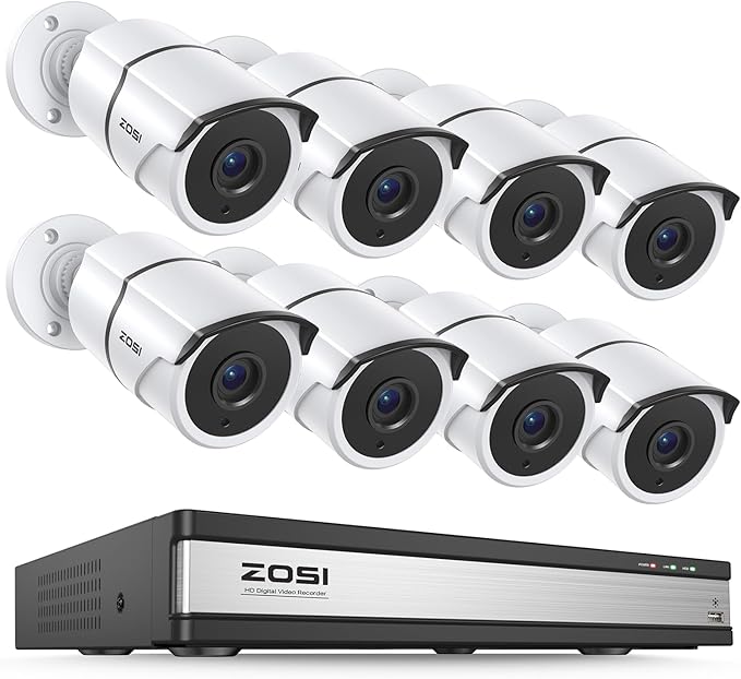 ZOSI 16 Channel Wired Security Camera System,8 x 1080P Outdoor Metal CCTV Cameras with Audio,AI Person/Vehicle Detection,120ft Night Vision,H.265+ 16CH DVR for Business & Home(No Hard Drive)