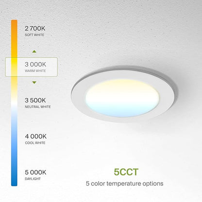 ASD 6 Pack LED Recessed Lighting 4 Inch 12W, 5 CCT 2700K-5000K CRI90+, IC Rated Ultra Thin Dimmable Ceiling Lights with J Box, Canless Wafer Downlight, Round Slim Panel Light, Energy Star ETL, White