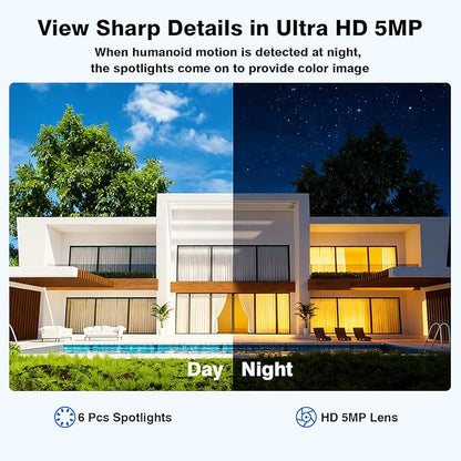 360° View Pan/Tilt/Digital Zoom 5MP WiFi Security Camera Outdoor, Motion Detection, Humanoid Tracking, Floodlight&Siren Alarm, Color Night Vision, PC&Mobile Remote View, Two-Way Audio PTZ