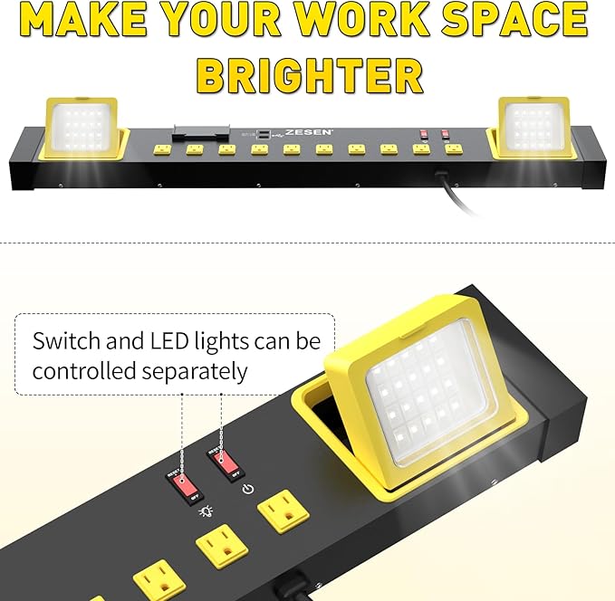 ZESEN 10 Outlet Power Strip with LED Worklight, Heavy Duty Metal Power Strip Surge Protector 4ft Cord with 2-Port USB Charge, ETL Listed for Workshop Garage Office Home