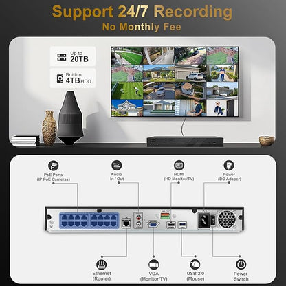 Anpviz 16CH 4K PoE Security Camera System with Two Way Audio, 16PCS 8MP Wired IP Turret Cameras Outdoor, Human Vehicle Detection,12MP PoE NVR with 4TB HDD for 24/7 Recording, for Business Home, NDAA