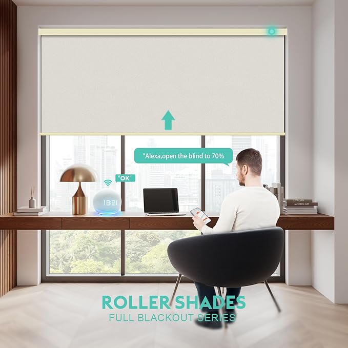 Motorized Blinds with Remote, Blackout Smart Automatic Electric Blinds for Windows Compatible with Alexa Homekit, Cordless Indoor Motorized Roller Shades with Custom Size（Golden Shimmer）