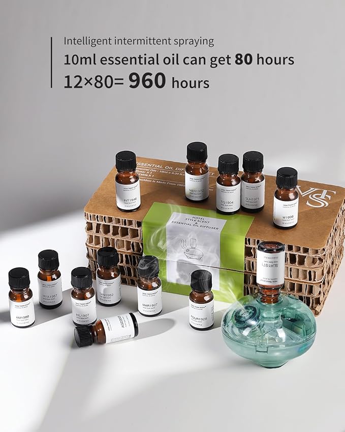 Waterless Diffuser with 12 Pack Hotel Fragrance Oils, Battery Operated Nebulising Diffuser for Home, Luxury Essential Oil Blend Inspired by 5-Star Hotels, Aromatherapy Gift Set