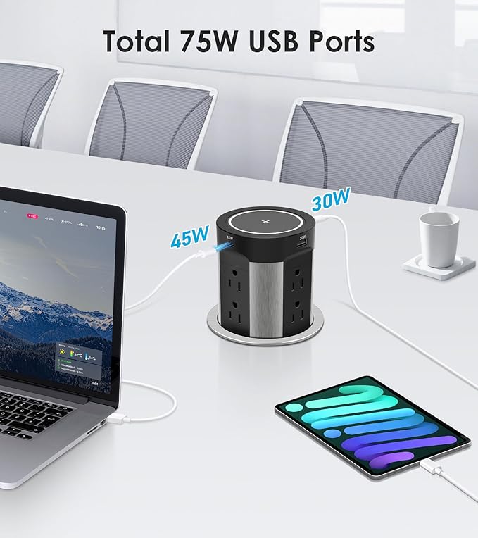 Pop Up Outlet for Countertop, 15W Wireless Charger PD 45W, 2 USB-A & 2 USB-C & 8AC Outlets 15A Tamper Resistant, 4-inch Island Kitchen Pop Out