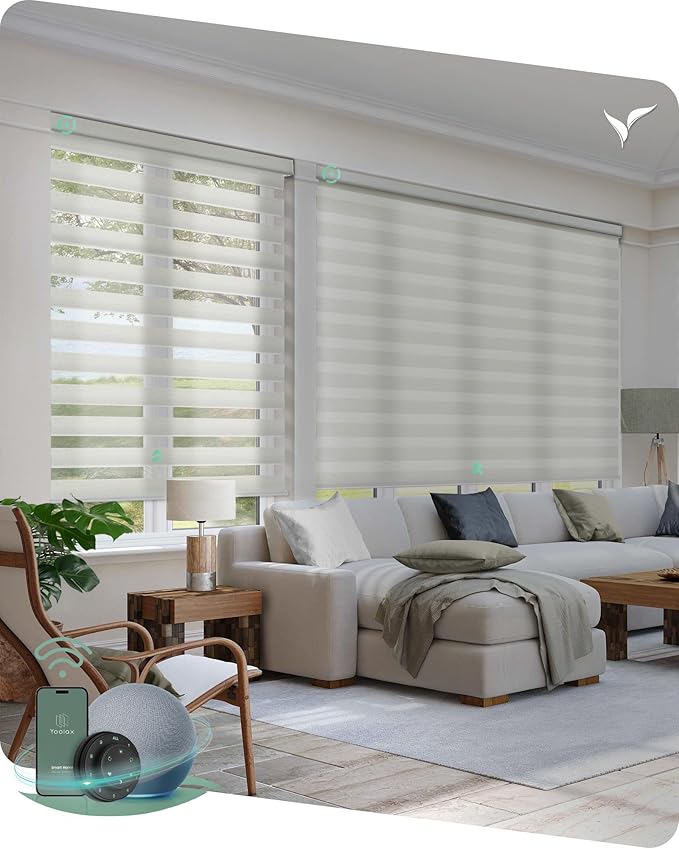 Yoolax Motorized Blinds with Remote, Motorized Zebra Shades Compatible with Alexa, Privacy Motorized Blinds, Zebra Shades for Windows Custom Size(V-Linen White)