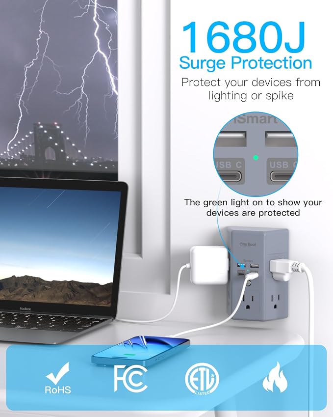 One Beat Surge Protector Wall Outlet Extender, 5 Outlets & 4 USB Ports (2 USB-C), 1680J, 3-Sided Multi Plug Outlet Adapter, Outlet Splitter, Wall Mount, ETL Listed for Home Office Travel-Grey