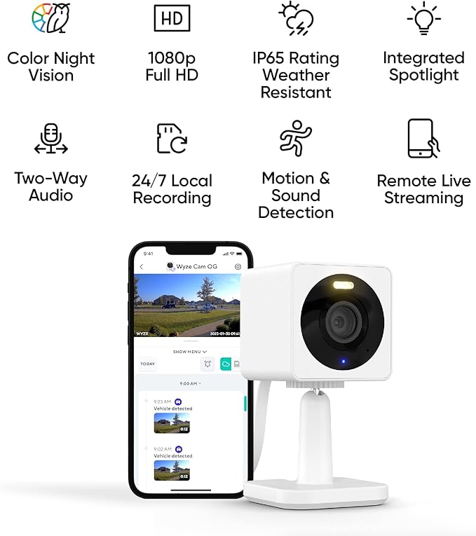 WYZE Cam OG Indoor/Outdoor 1080p Wi-Fi Smart Home Security Camera with Color Night Vision, Motion Detection, 2-Way Audio, Compatible with Alexa & Google, White (2-Pack), Free Expert Setup (Renewed)