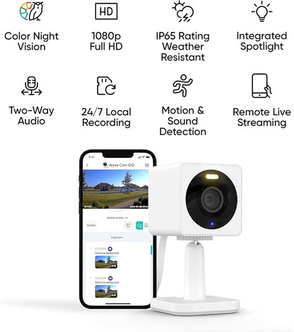 WYZE Cam OG Indoor/Outdoor 1080p Wi-Fi Smart Home Security Camera with Color Night Vision, Motion Detection, 2-Way Audio, Compatible with Alexa & Google, White (2-Pack), Free Expert Setup (Renewed)