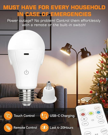 CordlessGlow 15W E12 Rechargeable Light Bulbs with Remote, 3 Color Temperatures and Dimmable Battery Light Bulb, Touch Control + 4 Timing + USB Rechargeable Battery Powered Light Bulb, 2Pack