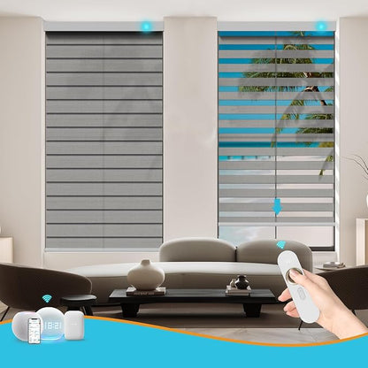 Motorized Zebra Blinds with Remote, Work with HomeKit Alexa, Smart Light Filtering Horizontal Automatic Electric Window Shades for Home Office Customsize(50% Blackout Drumbeat Grey)