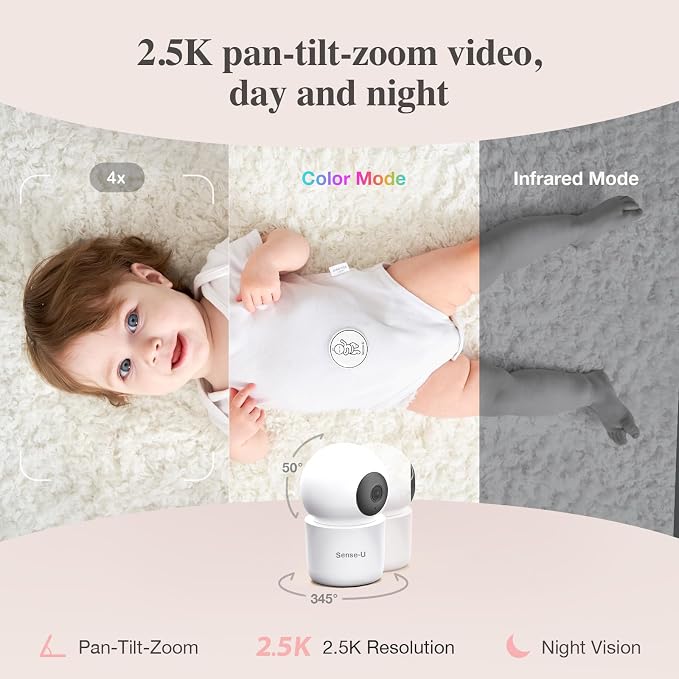 Sense-U AI 2.5K PTZ Baby Camera Monitor with Sensor-Free Sleep Movement Detection, Smart Security Indoor Video Camera with Background Audio, Cry Detection, No Monthly Fee, for Peace of Mind