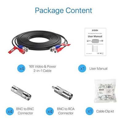 ZOSI 4 Pack 16ft(5 Meters) All-in-One Video Power Cables,BNC Extension Surveillance Camera Cables for 4K 8MP 5MP 1080P CCTV Security DVR System,4 x BNC & RCA Connectors and 100pcs Cable Clips