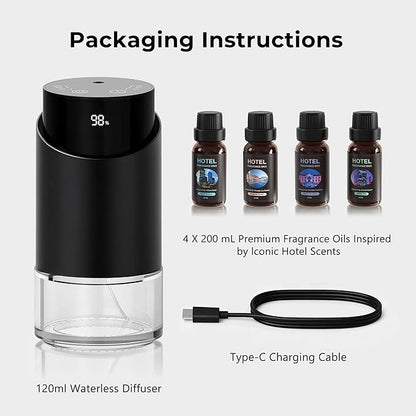 Aluminum Alloy Waterless Essential Oil Diffuser for Home Rechargeable Scent Diffusers with 4 Timer Settings, 3 Mist Levels with Vehicle Mode for Car Room Studio Office, Black Metal,100ml (Gift Set)