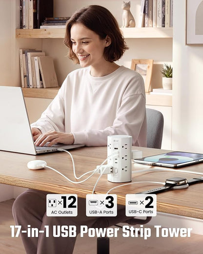 SUPERDANNY Tower Power Strip, 15Ft Extension Cord, 1700J, 12 AC 5 USB,White | 3 USB A, 2 USB C, Surge Protector Power Tower, Flat Plug, Desk Charging Station with Multiple Outlets, Home Office Dorm Room