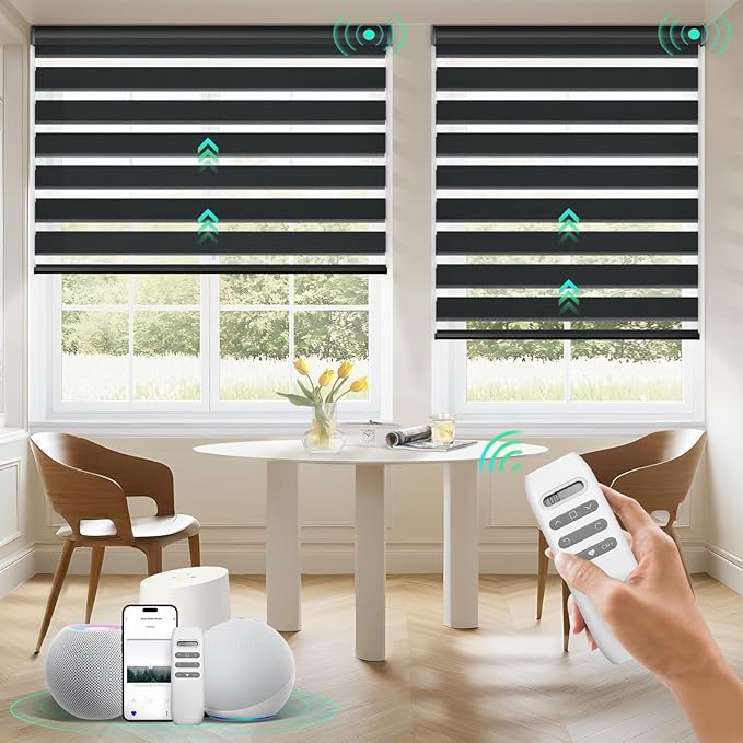 HeyBlinds Motorized Zebra Blinds with Remote, Smart Cordless Electric Zebra Shades for Indoor Windows Compatible with Alexa Google & Homekit, Custom Size (Minimalism-Dark Gray BO)