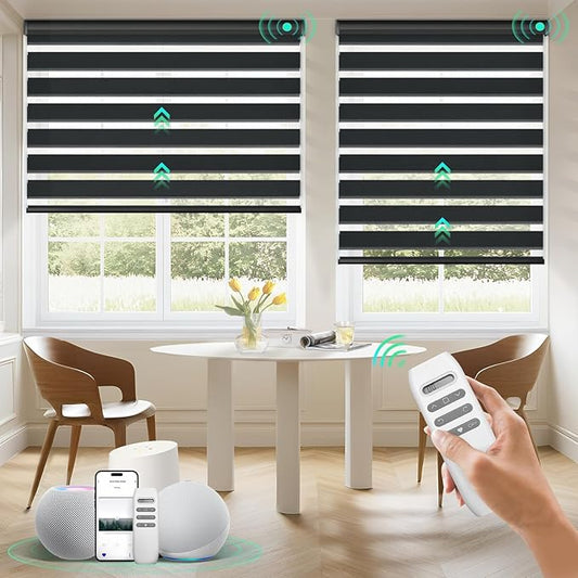 HeyBlinds Motorized Zebra Blinds with Remote, Smart Cordless Electric Zebra Shades for Indoor Windows Compatible with Alexa Google & Homekit, Custom Size (Minimalism-Dark Gray BO)