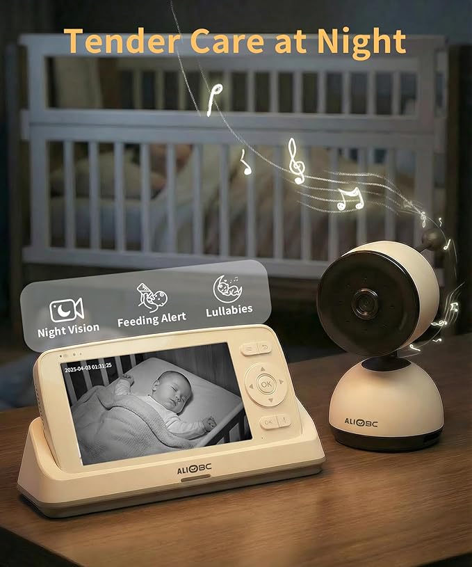 ALIOBC Smart Baby Monitor with Camera and Audio WiFi & No-WiFi Modes AI Cry Detection Night Vision 1080p FHD Camera and 5" Large Screen Two-Way Talk 1000ft Range Smart Alert Easy Setup for New Parents
