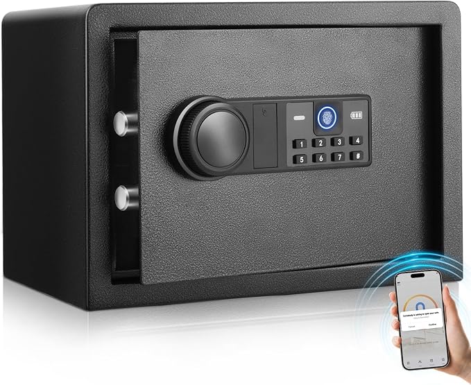 XDeer Biometric Safe Box, 0.78 Cuft Small Safe with 4 Unlocking Ways | Fingerprint/Backlit Keypad/Keys/APP, LED Light, Silent Mode, Adjustable Shelf, Smart Home Safe for Cash/Jewelry/Documents