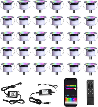 LED Deck Lights Kit, 30 Pack 1.77" Smart RGBW+IC Outdoor Lights | Low Voltage Recessed Deck & Step Lights | IP67 Waterproof Landscape Lighting for Stairs, Pool Deck & Garden | Works with Alexa/Google