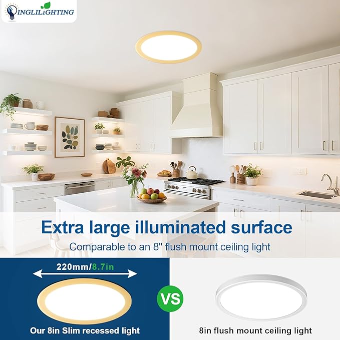 DLLT LED Recessed Ceiling Light: 24 Pack 3 Inch Gold Slim Recessed Lighting for Kitchen - 5CCT Dimmable Canless Wafer Downlight for Living Room - 600LM Brightness 6W LED Can Lights for Bedroom ETL FCC