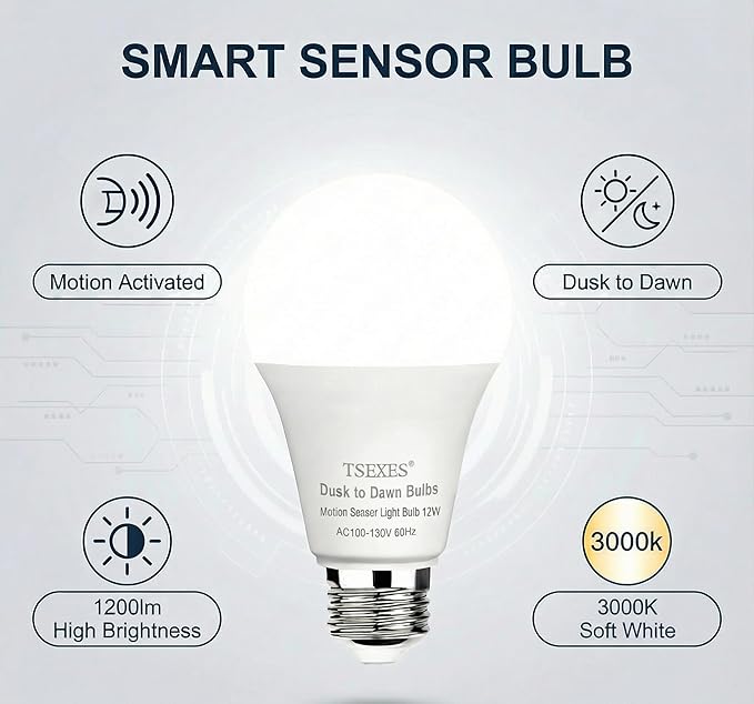 TSEXES Motion Sensor Light Bulbs, 12W (100Watt Equivalent), Motion Activated Dusk to Dawn Security LED Bulb, 3000K Soft White for Outdoor & Indoor,Porch, Stairs, Hallway, 4-Pack