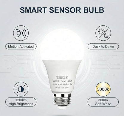 TSEXES Motion Sensor Light Bulbs, 12W (100Watt Equivalent), Motion Activated Dusk to Dawn Security LED Bulb, 3000K Soft White for Outdoor & Indoor,Porch, Stairs, Hallway, 4-Pack