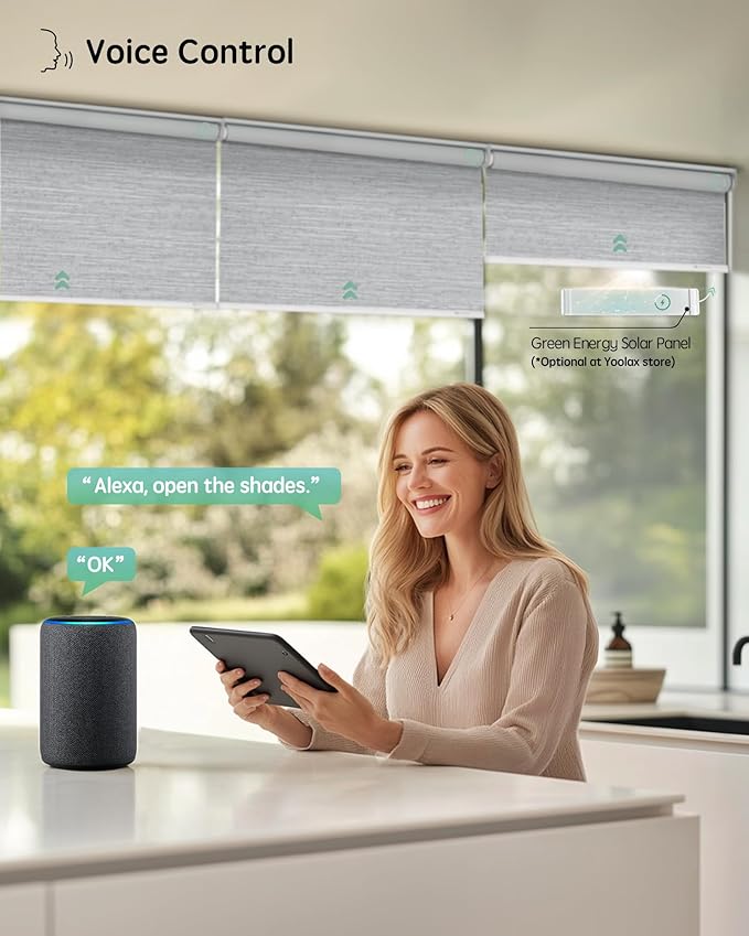 Yoolax Motorized Blinds with Remote, 100% Blackout Smart Roller Shades Work with Alexa, Google, Apple Homekit, Custom Automatic Shades with Voice Control for Bedroom Office (Foggy Gray)