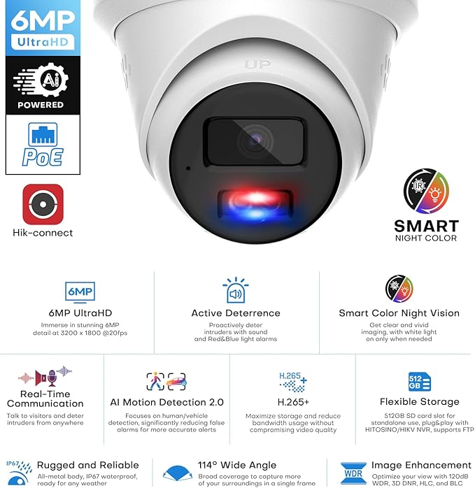 6MP PoE IP Turret Camera, PoE Camera Outdoor w/Red-Blue Alarm Lights & Sound, 98FT Smart Color Night Vision, 2-Way Audio, AI Human/Vehicle Detection, Full Metal IP67, 114°Wide Angle