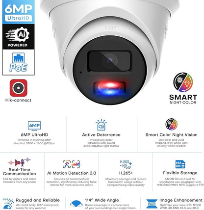 6MP PoE IP Turret Camera, PoE Camera Outdoor w/Red-Blue Alarm Lights & Sound, 98FT Smart Color Night Vision, 2-Way Audio, AI Human/Vehicle Detection, Full Metal IP67, 114°Wide Angle