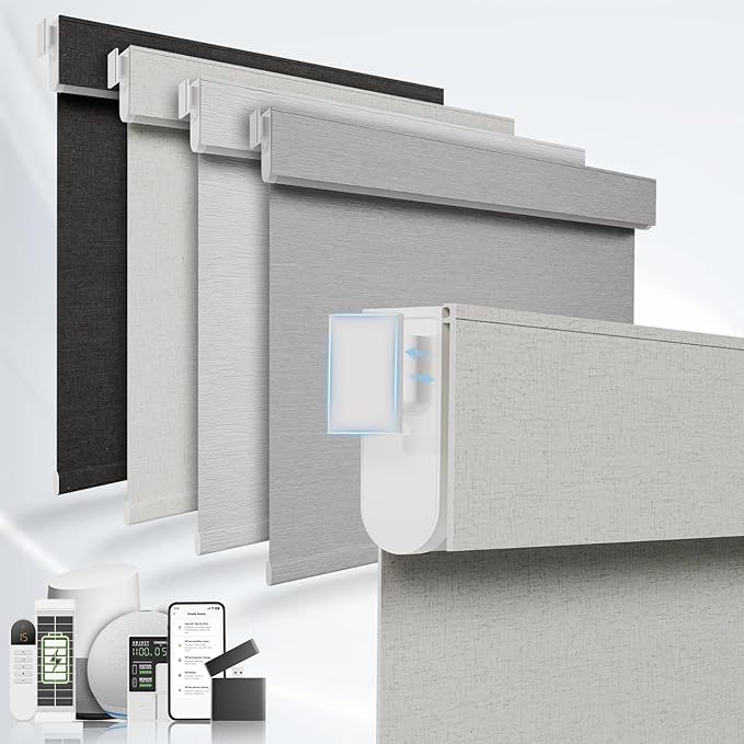 No Drill Motorized Blinds with Remote, No Tools Automatic Blinds for Window, Blackout Motorized Shades, Light-Filtering Smart Blind, Rechargeable, Customized Size, Linen