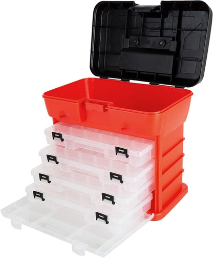 Small Parts Organizer Box - 11-Inch Portable Storage Case with 4 Removable Multi-Compartment Trays for Screws, Beads, Small Fishing Tackle, Hardware, and Craft Supplies by Stalwart (Red)
