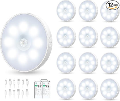 Motion Sensor Puck Light with Remote, Wireless Dimmable Under Cabinet Lighting, Rechargeable Magnetic Closet Night Light, 12-Pack, Cool White
