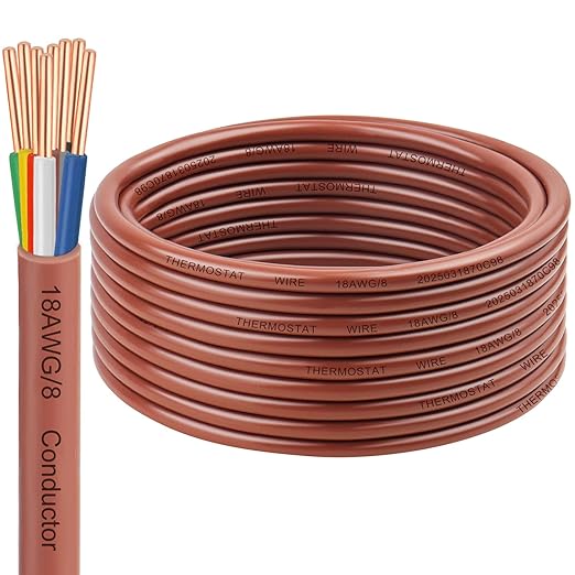 18/8 Thermostat Wire 30FT, 18 AWG 8-Conductor Solid Bare Copper HVAC Control Cable, CL2 Rated for in-Wall Installation, Perfect for Smart Thermostats, Doorbells & Security Systems