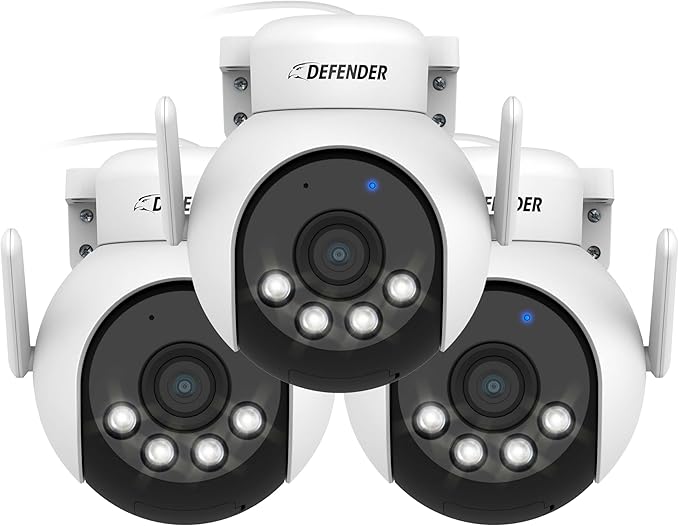 Defender AI Powered 4K Everwatch PTZ Plug in Outdoor Camera, AI Human/Vehicle Detection, WiFi 6/Bluetooth Wireless Camera, Color Night Vision, Deterrence, Mobile App, 3 Pack, Empower App