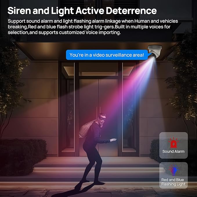 VIKYLIN 5MP PoE IP Camera with Red Blue Strobe Flash Light Alarm, Active Deterrent Security Camera, Full Color Night Vision, Two-Way Audio, Human Vehicle Detection,