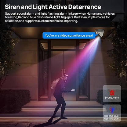 VIKYLIN 5MP PoE IP Camera with Red Blue Strobe Flash Light Alarm, Active Deterrent Security Camera, Full Color Night Vision, Two-Way Audio, Human Vehicle Detection,