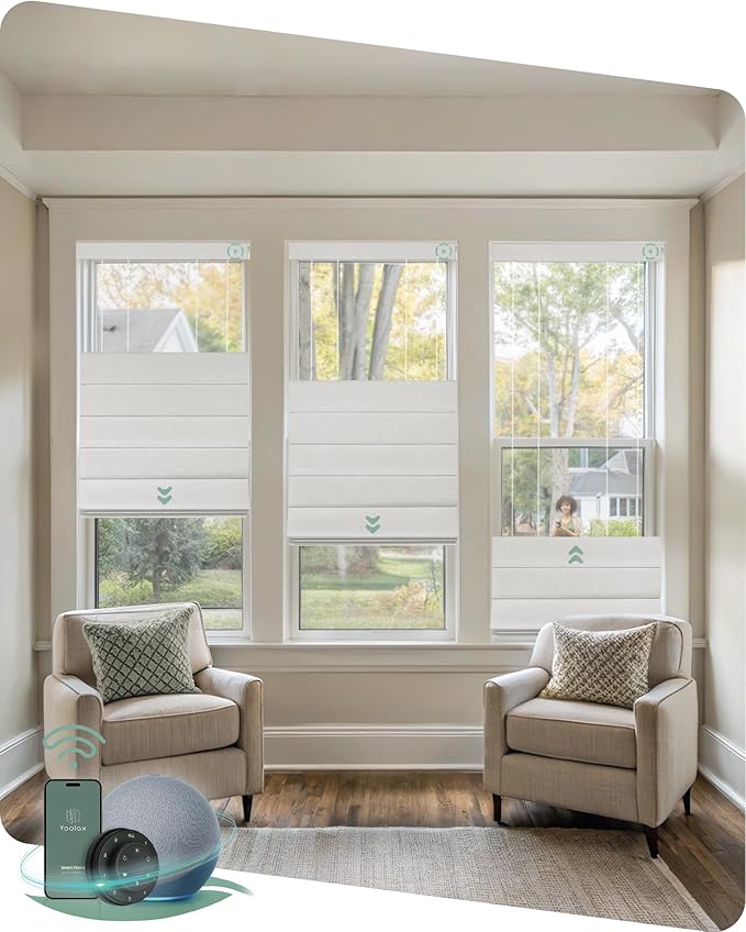 Yoolax Smart Top Down Bottom Up Roman Shades, Motorized Roman Shades with Remote, Blackout Smart Blinds Compatible with Alexa, Google Home, Apple Homekit for Living Room, Customized (Texture White)