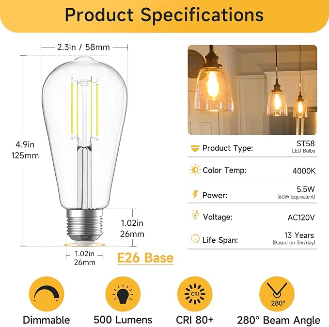 SHINESTAR 8-Pack Dimmable Vintage LED Edison Bulbs, 5.5W, 60W Equivalent, Warm White 2700K, ST58 Antique LED Decorative Filament Bulbs, E26 Medium Base, 80+ CRI, Clear Glass Style for Home