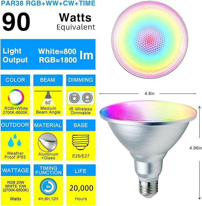 2 Pack,PAR38 RGBW LED Bulbs,30WRGB+Warm+Cool White(2700K-6500K), LED Flood Light,Indoor/Outdoor,IR Remote Control, Timing,Waterproof Lawn Lamp for Home Courtyard Christmas Party Decoration