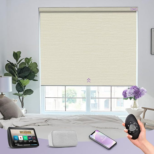 Graywind Smart Blackout Roller Shades for Alexa Google Textured Gleaming Fabric Rechargeable Motorized Blinds Cordless Remote Control Window Shades, Custom Size (Striped Beige) (GW-QZYM-TH00)
